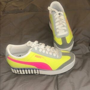 Puma Women's Neon Yellow and Pink Sneakers